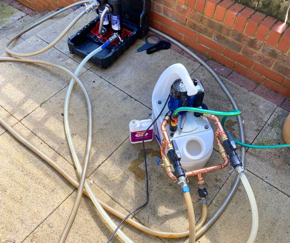 Fernox powerflushing equipment set up and ready at the Marlow property
