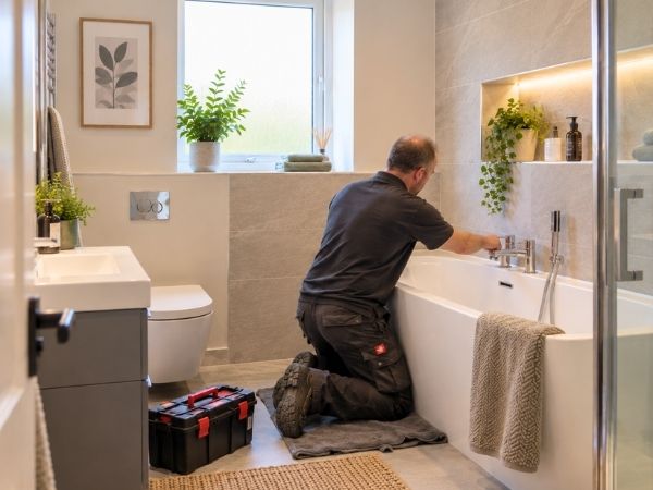 Red Van Plumber installing new bathroom in home