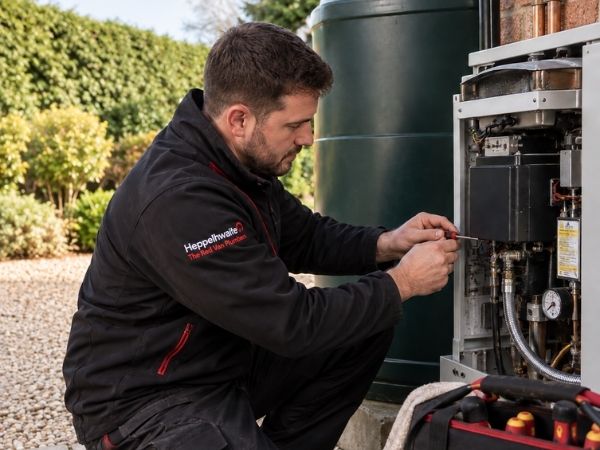 Red Van Plumbers oil heating engineer servicing an oil boiler Red Van Plumbers oil heating engineer servicing an oil boiler
