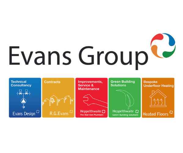 Evans Group - Career Opportunities Evans Group Logo and 5 boxes showing the businesses including RGEvans, The Red Van Plumbers, Heppelthwaite - Green Building Solutions, and Heated Floors